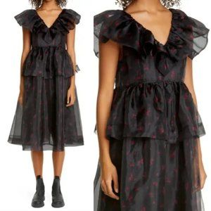 NWT! GANNI Phantom Black  Floral Print Organza Ruffle Tiered Midi Dress Size  12